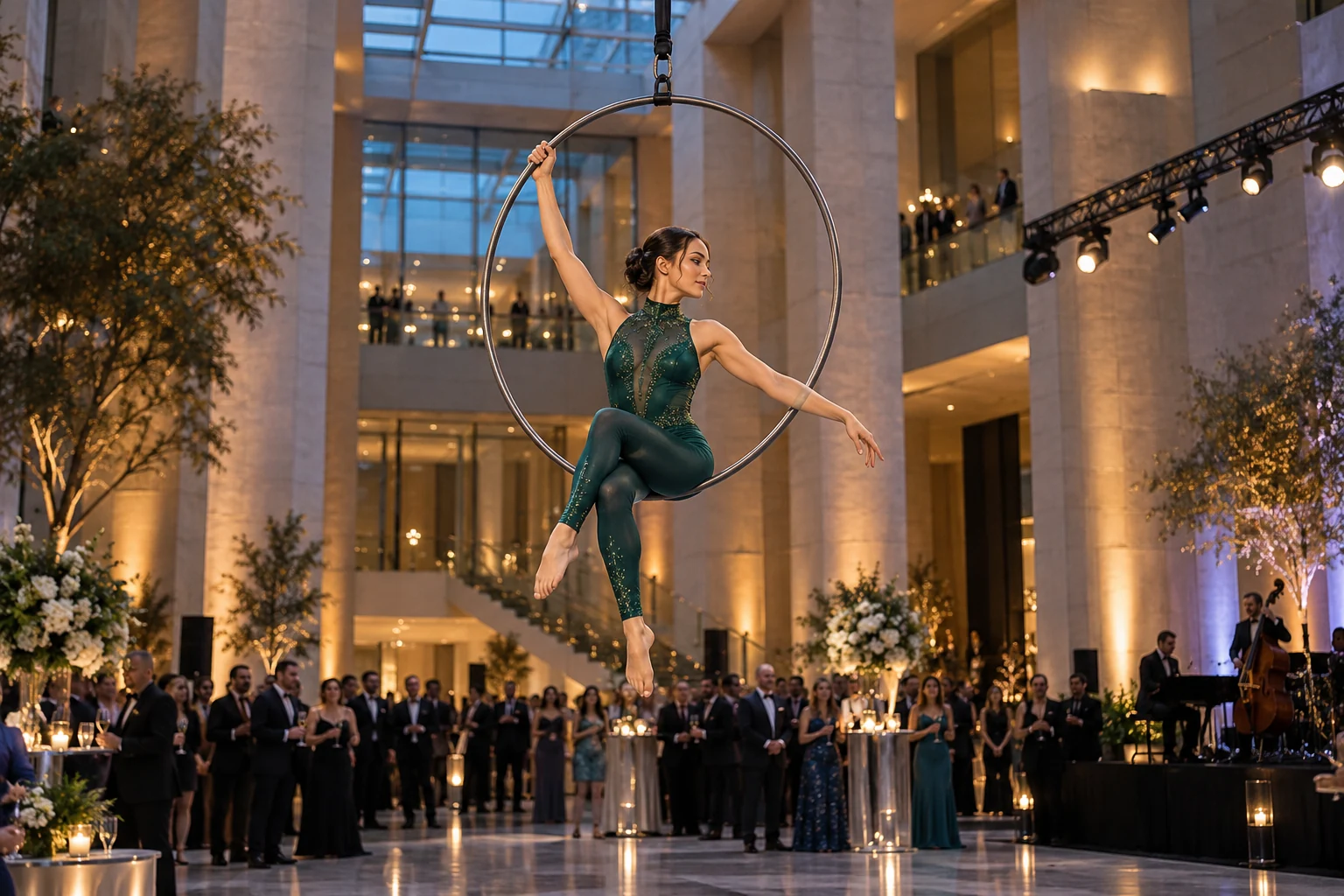 Aerial hoop artist performing in a professionally rigged event atrium