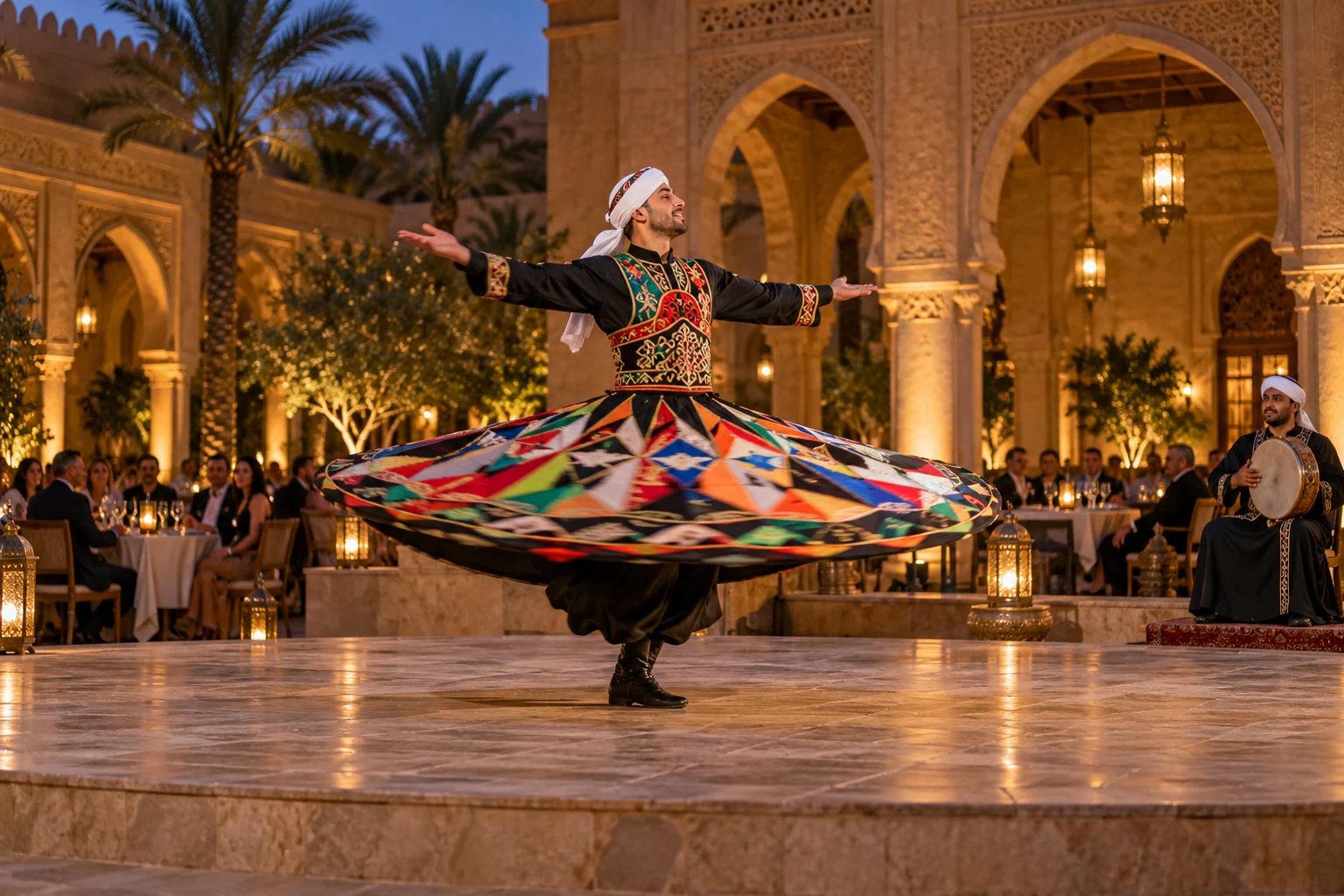 Tanoura performer with a colourful skirt in an Arabian courtyard