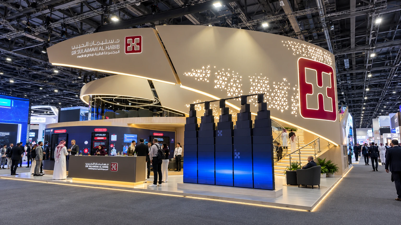 Illustrative wide view of an exhibition stand with curved architecture, illuminated stairs and stepped digital displays