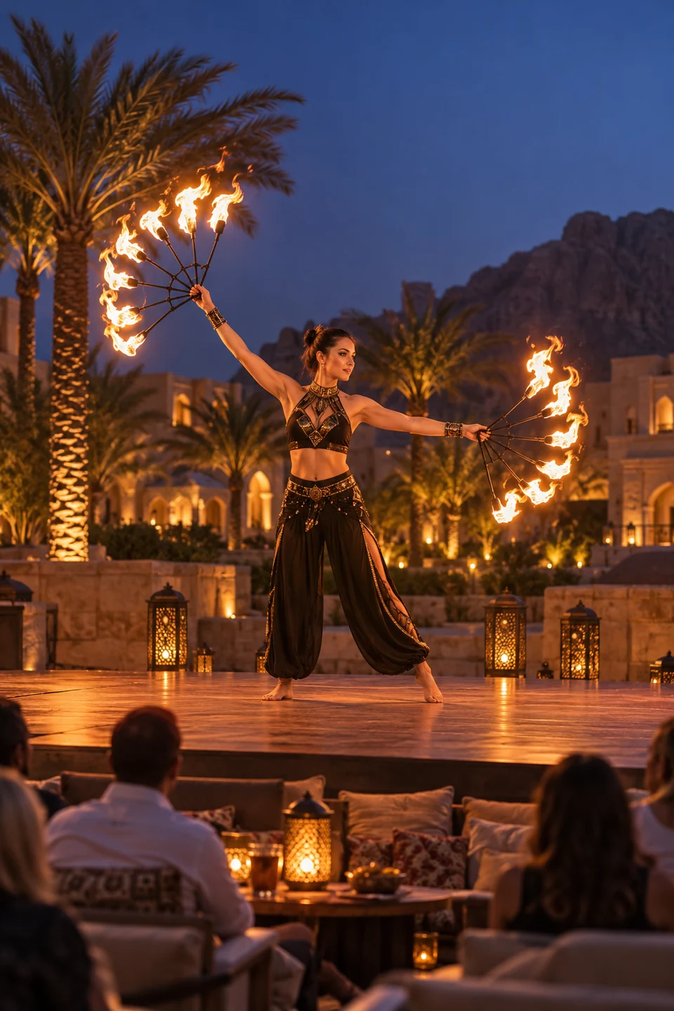 Fire-fan performer on an outdoor resort stage