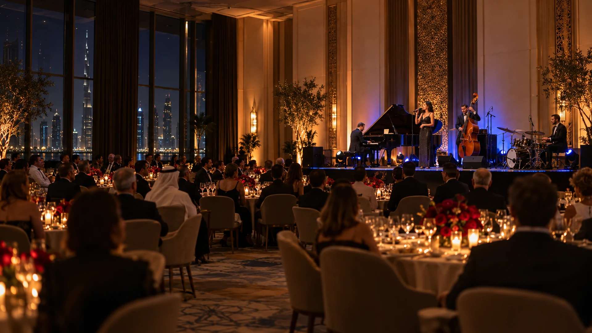Illustrative gala dinner scene with a live band, warm lighting and seated guests
