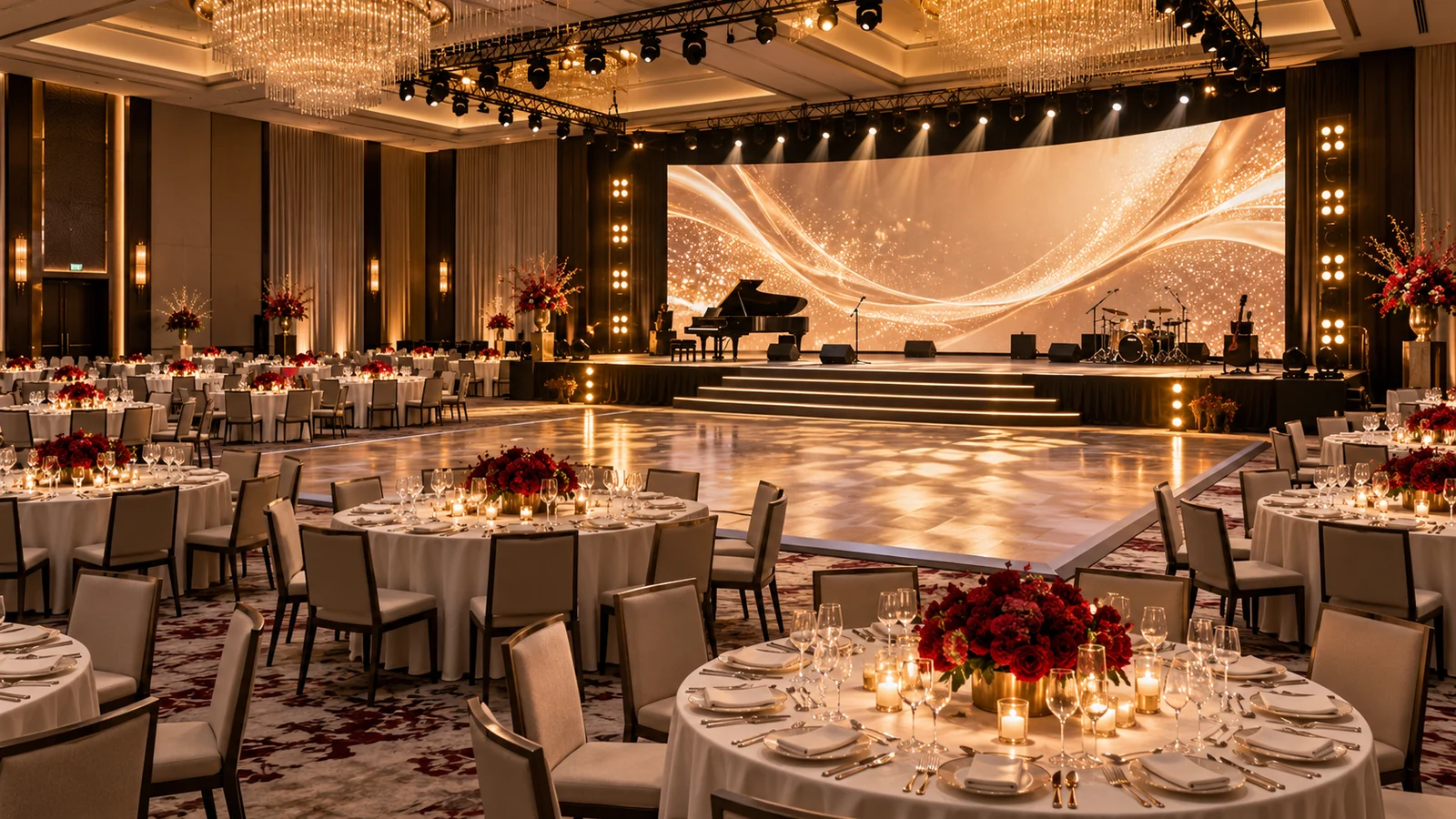 Prepared gala venue with a stage, LED screen, lighting and styled dinner tables