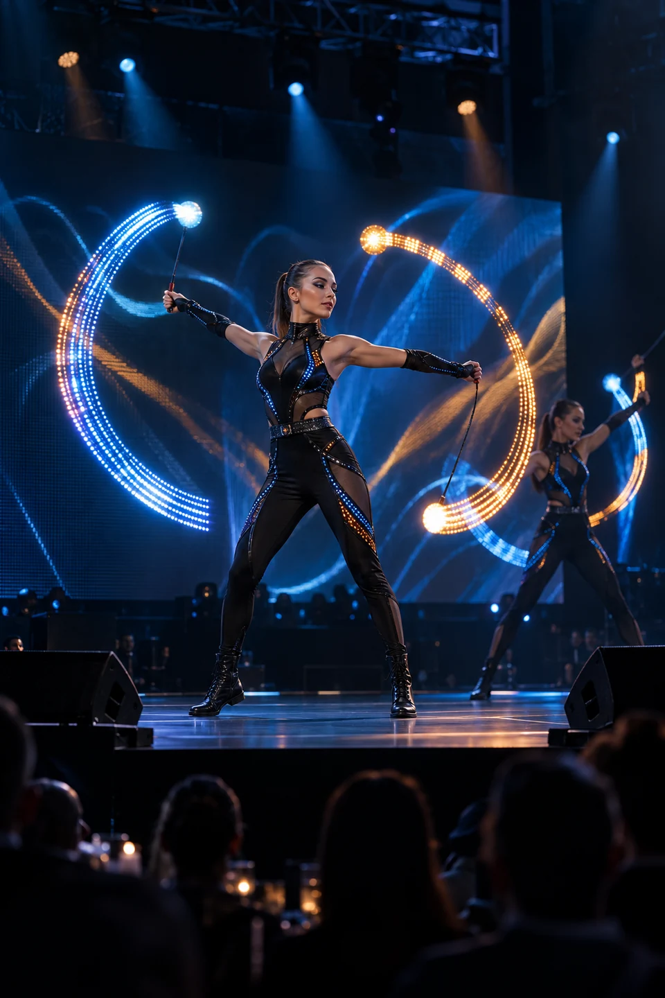 LED dancers presenting a pixel-poi routine on an event stage