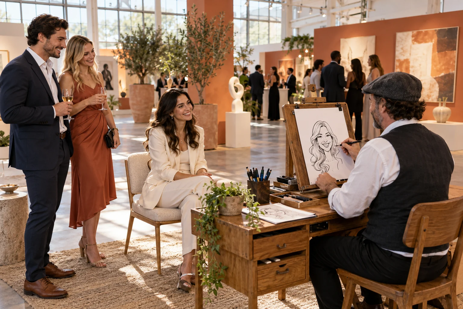 Caricature artist drawing a guest at a prepared event workstation