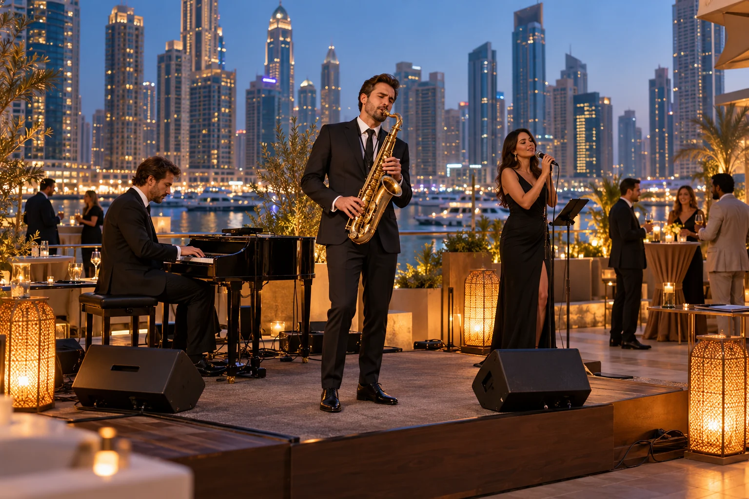 Jazz musicians performing at an evening terrace reception