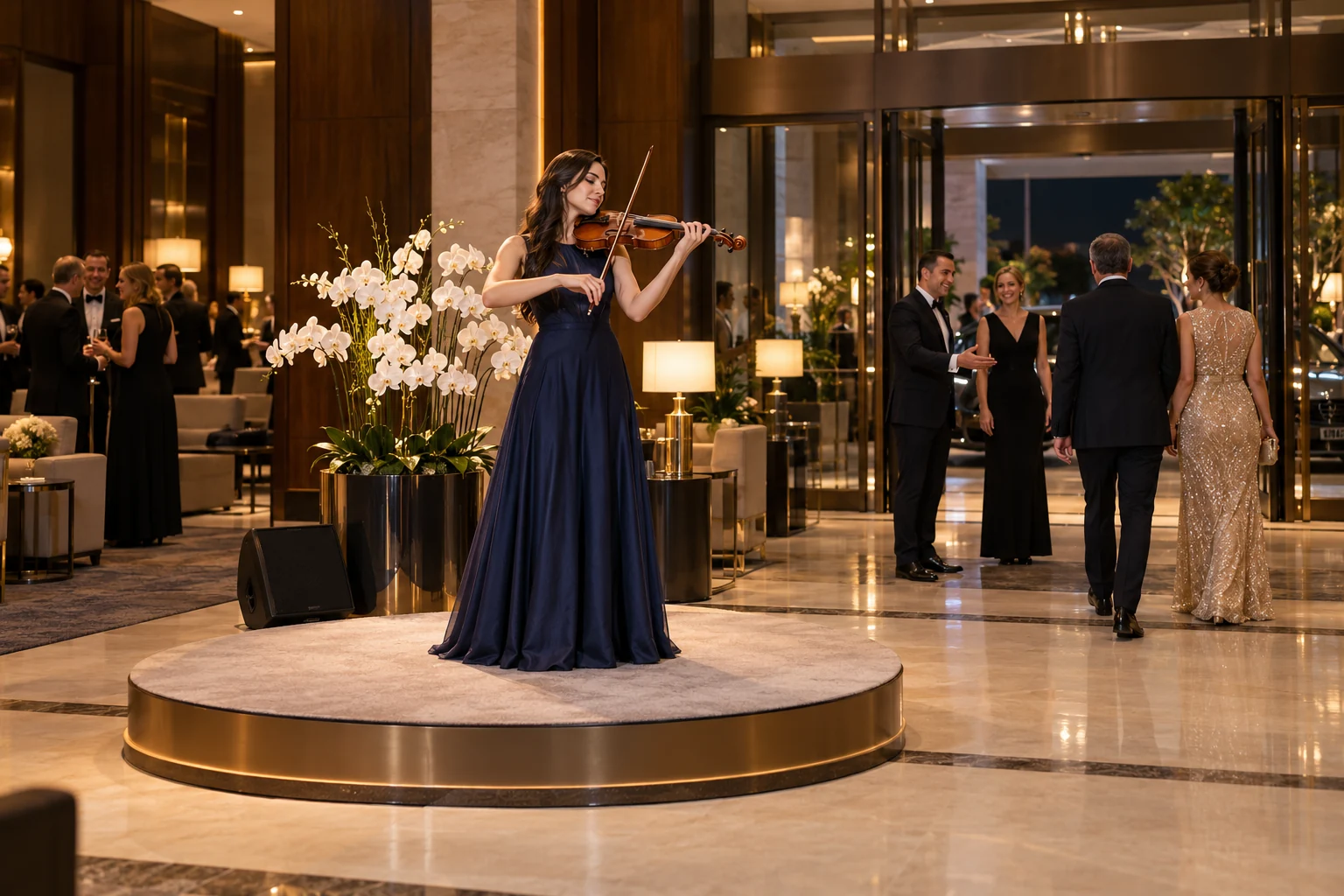 Violinist and guest hosts welcoming arrivals to an evening reception