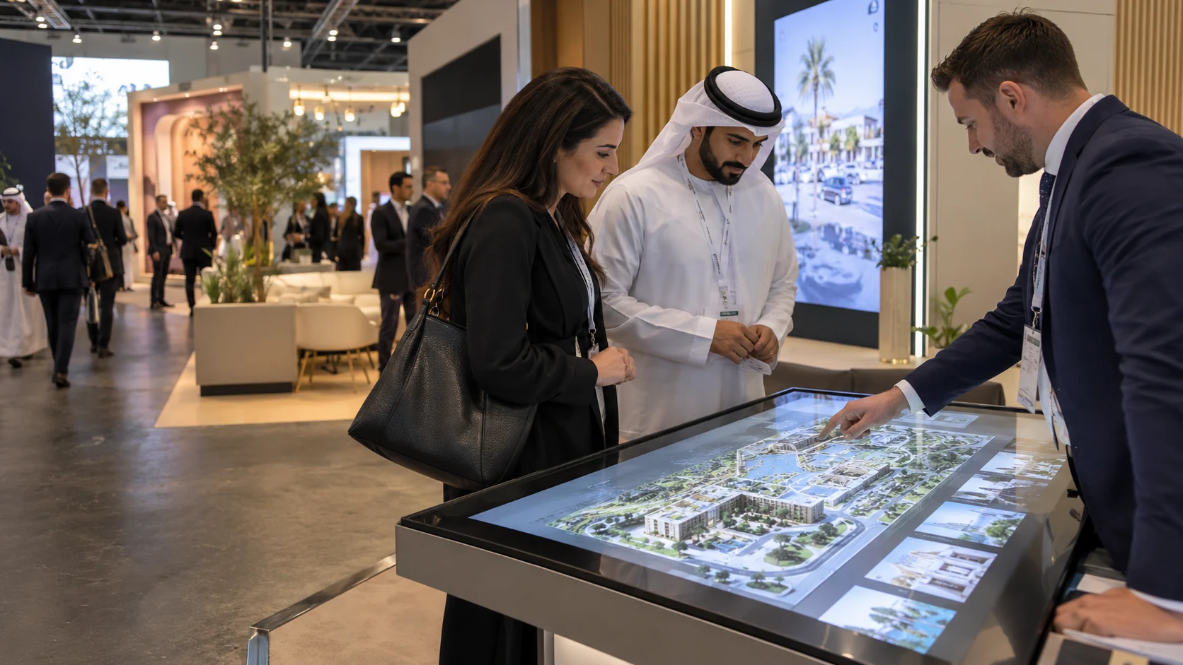 Illustrative exhibition scene showing visitors exploring an interactive touchscreen table with a demonstrator