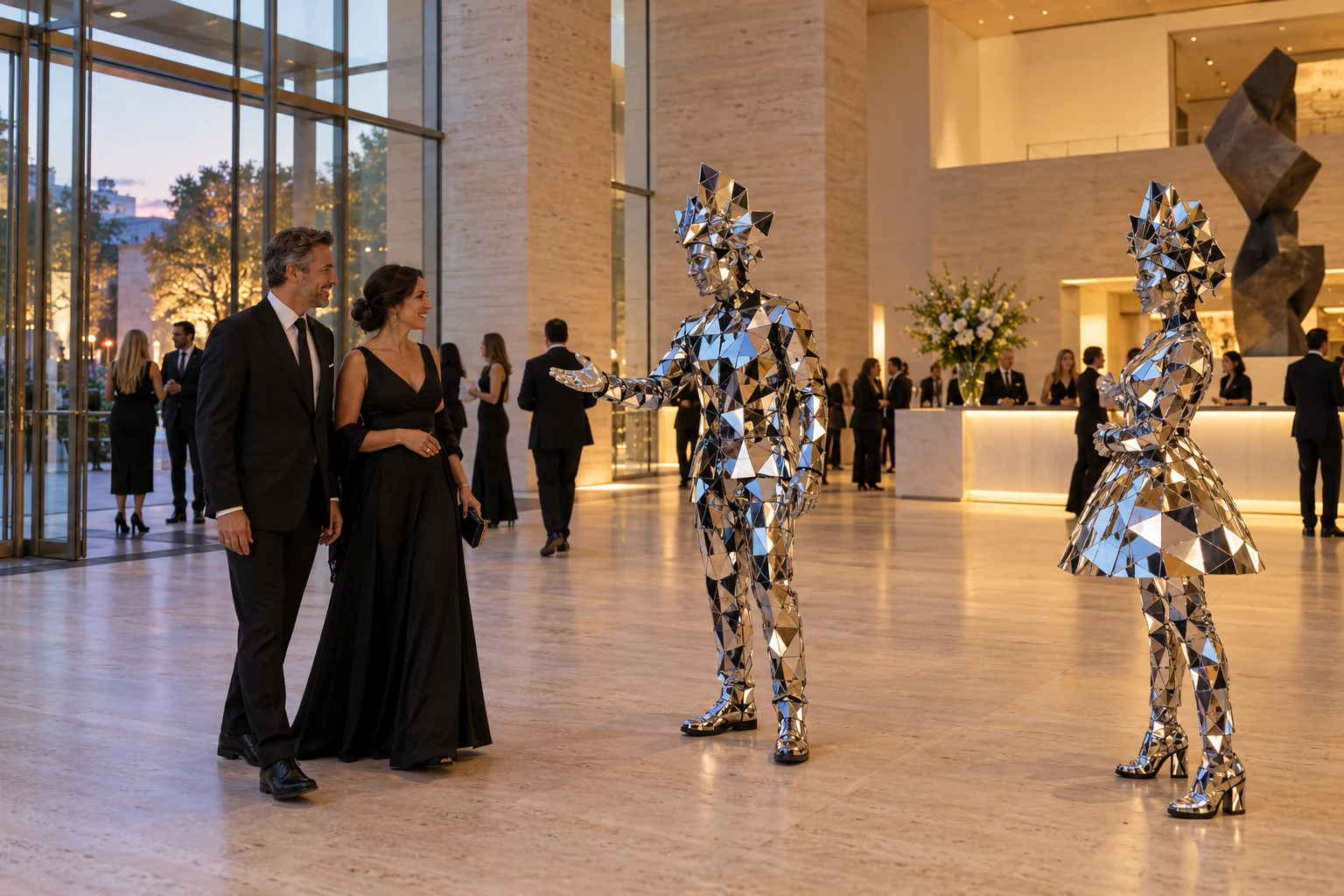 Mirror-costume roaming performers welcoming guests in an event foyer