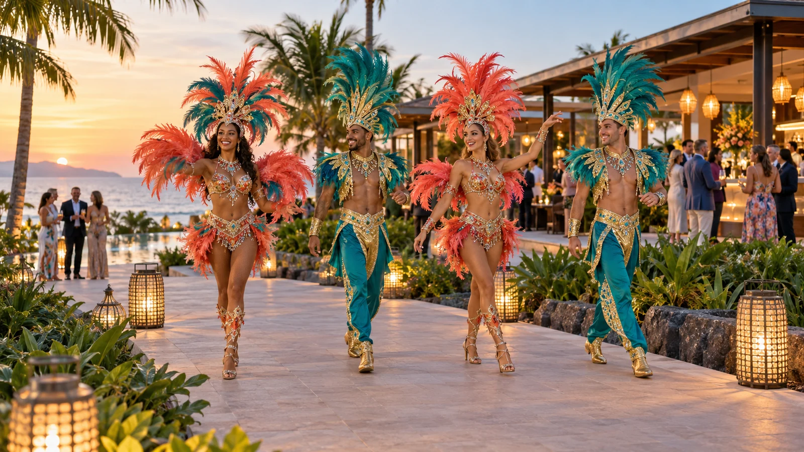 Carnival performers welcoming guests at a seaside resort event